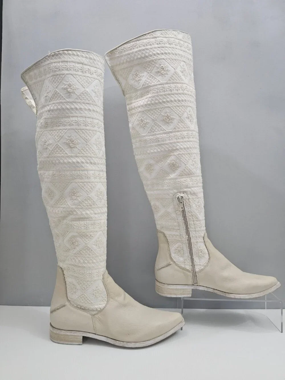 Free People Bren Knee High Boot Womens EU 38 Cream Embroidered Slouchy Boho